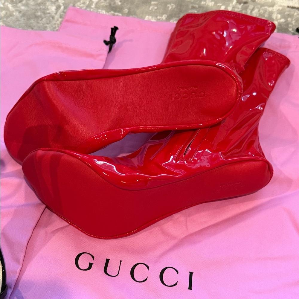 Gucci Red Patent Leather Open-Toe Stiletto Boots with Black Trim - Picture 8 of 9